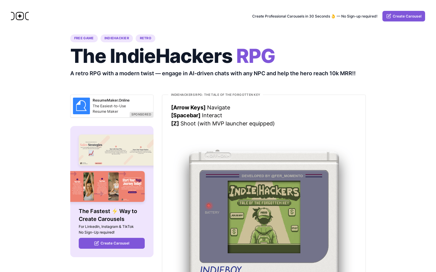 Indiehackers RPG