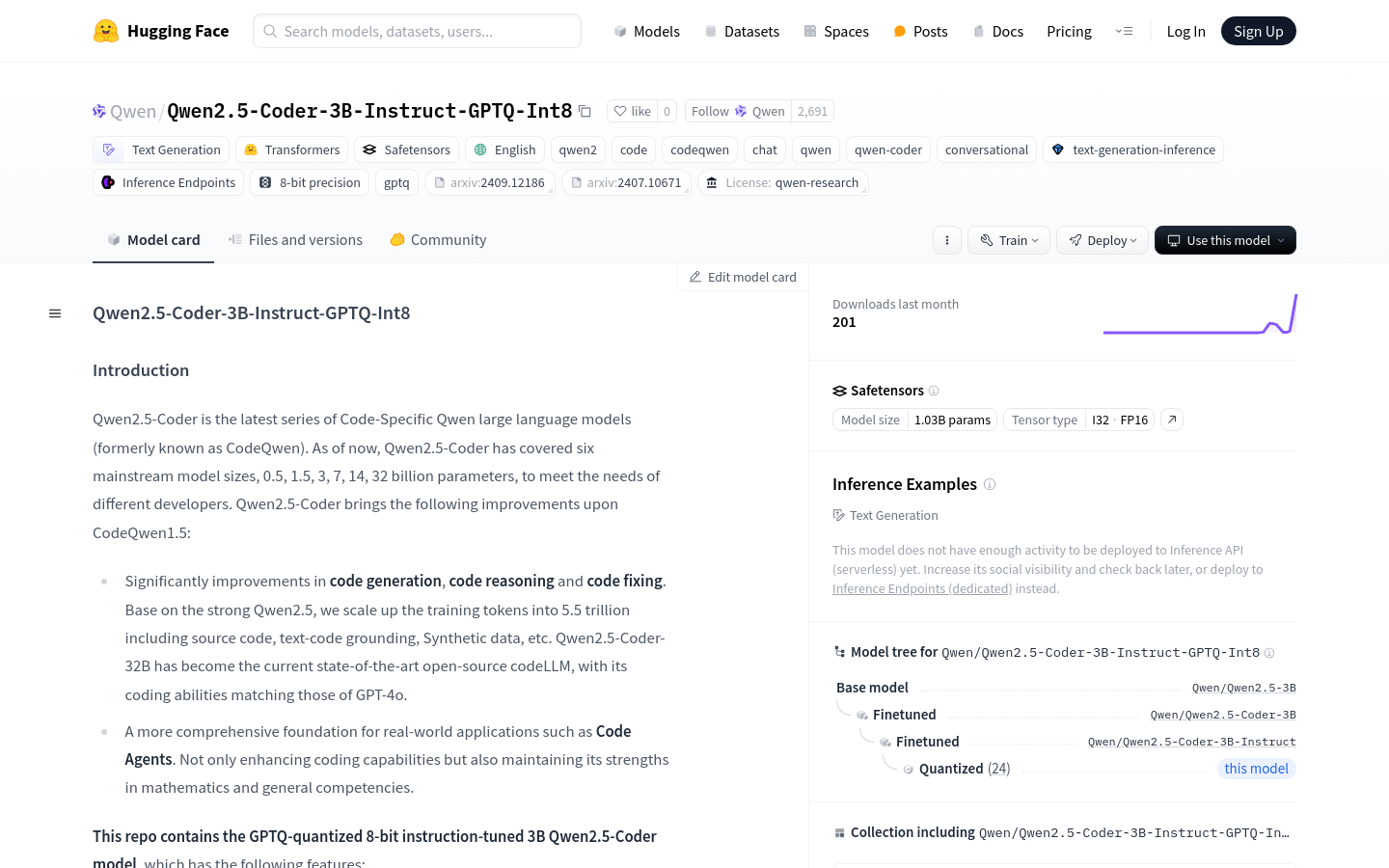 Qwen2.5 Coder 3B Instruct GPTQ Int8