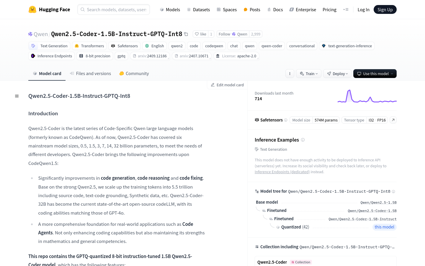 Qwen2.5 Coder 1.5B Instruct GPTQ Int8