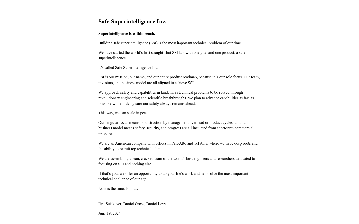 Safe Superintelligence Inc.
