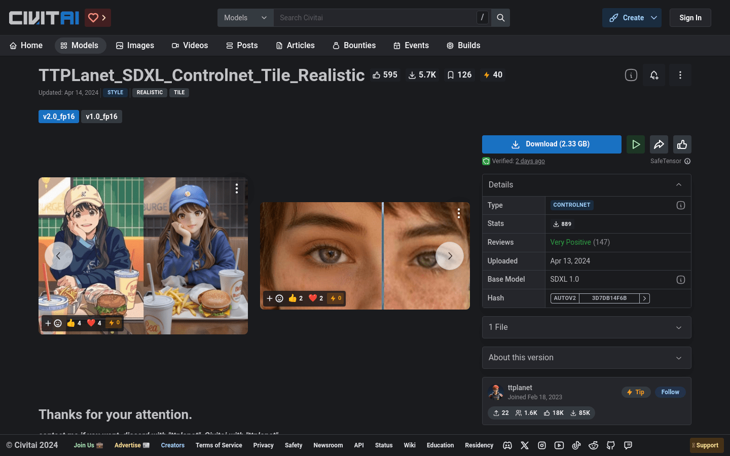 Ttplanet SDXL Controlnet Tile Realistic