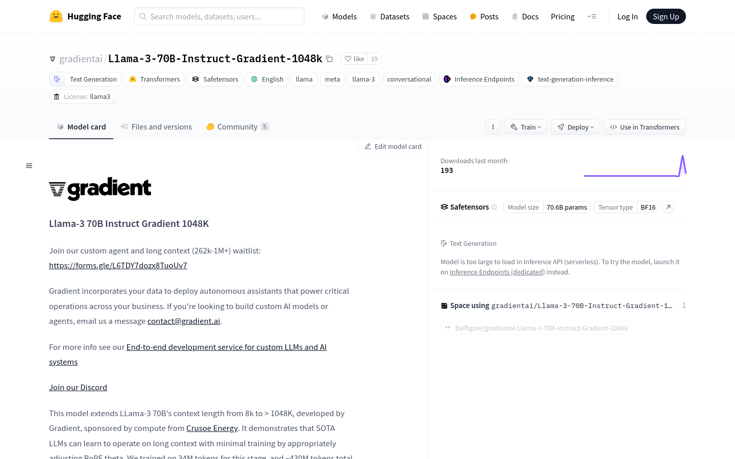 Llama 3 70B Instruct Gradient 1048k