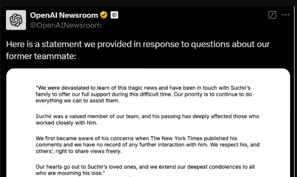 OpenAI回应吹哨人离世遭质疑:声明重点在撇清关系