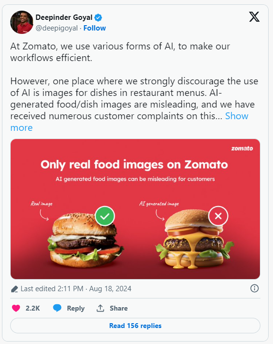 印度外卖平台Zomato明确禁止使用 AI 生成美食图片