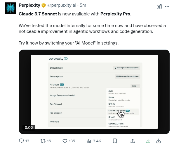 Claude 3.7 Sonnet正式登陆Perplexity Pro：代理工作流与代码生成显著提升