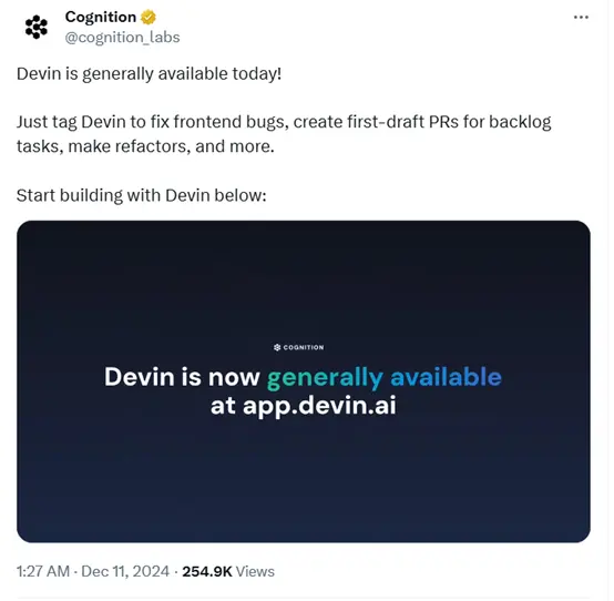 ​全球首个AI Agent程序员Devin全面开放使用，月费高达500美元