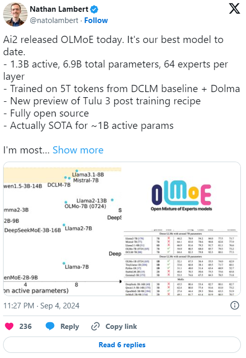 ​AI2 推出全新开源模型 OLMoE：高效、强大且不再昂贵！