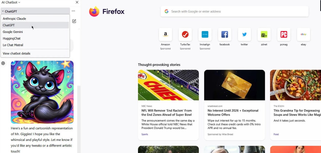 Firefox浏览器侧边栏新增AI聊天机器人功能，可直接访问Claude等多个热门AI