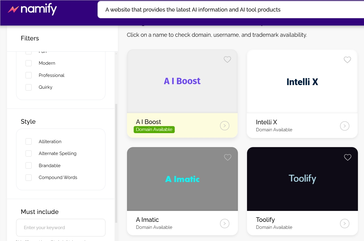 AI 品牌命名神器Namify AI，可检查商标和域名可用性