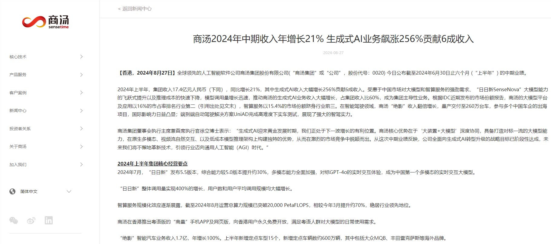商汤2024年上半年业绩:生成式AI贡献六成收入 大增256%