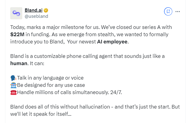AI客服市场巨大！Bland AI 融资1600万美元 可伪装成人类做电话客服