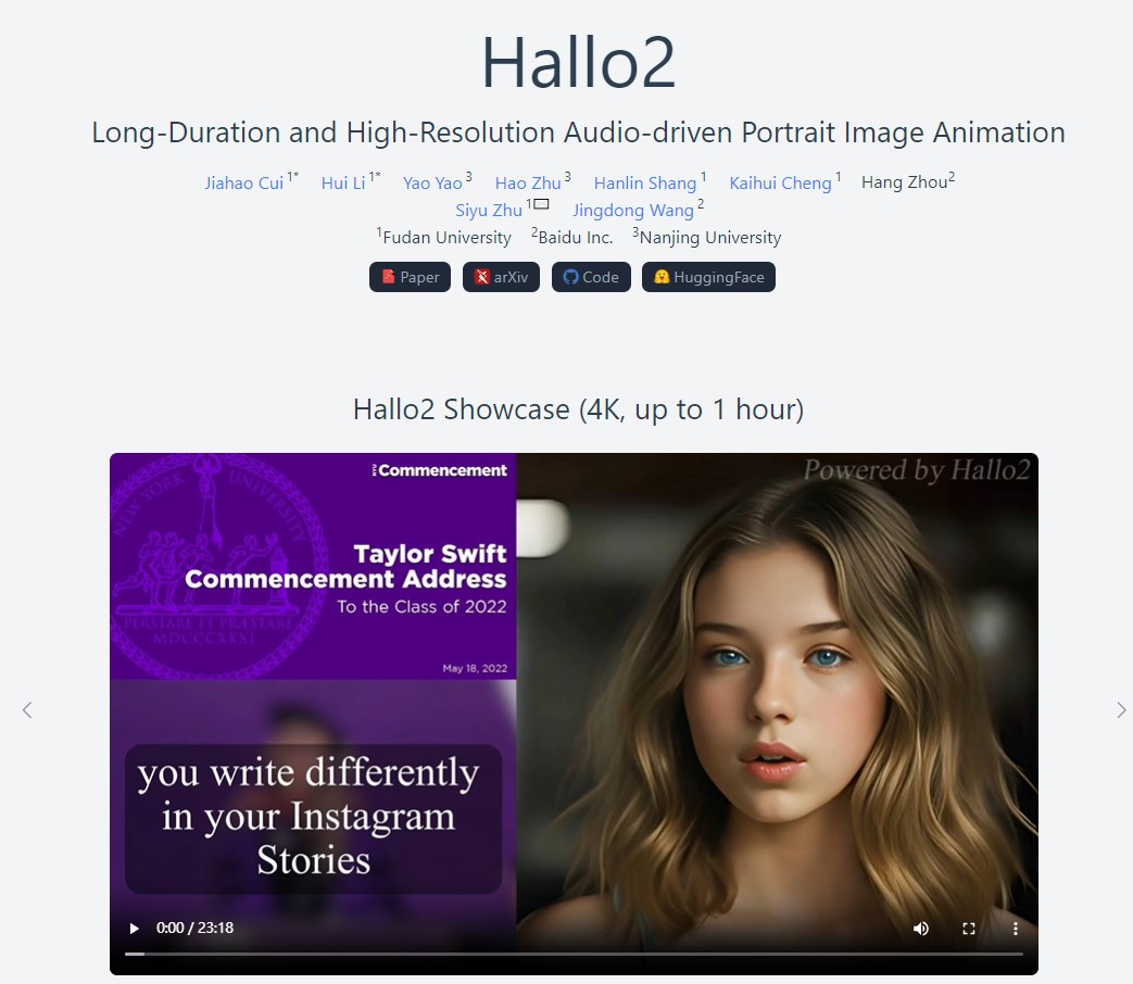 复旦、百度联手打造全新AI模型Hallo2  可生成4K超高清+1小时超长视频！