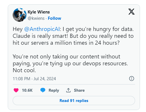 Anthropic的爬虫机器人无视网站反AI抓取政策遭吐槽