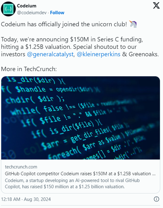 AI编程界新晋独角兽！Cursor对手Codeium融资1.5亿美元 估值12.5亿美元