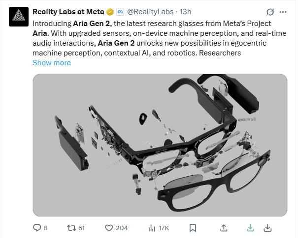 Meta 发布 Aria Gen 2 AI 眼镜：未来科技触手可及