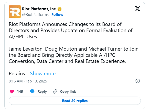 Riot Platforms 携手AI专家进军人工智能领域，潜在市场价值高达380亿美元