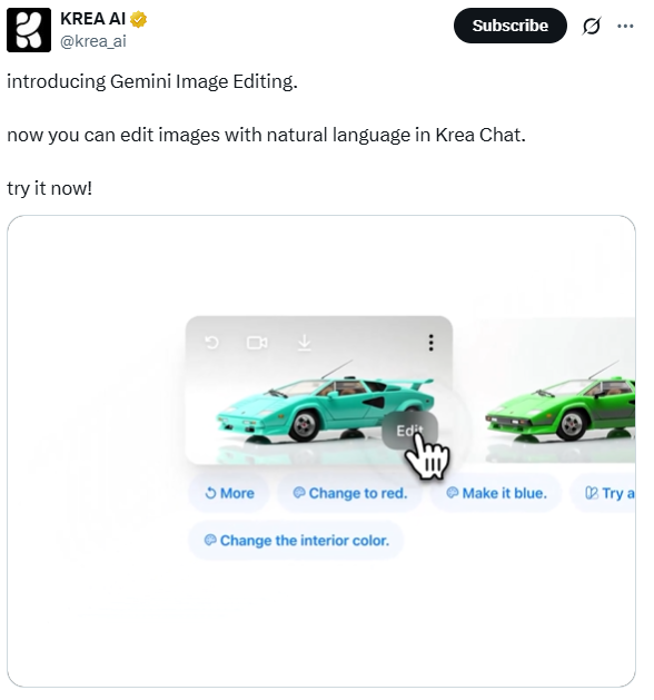 Krea整合Gemini文字生图与图像编辑功能：Chat界面迎来实用性飞跃