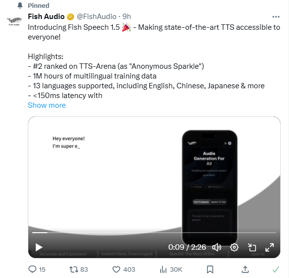 开口跪！Fish Audio发布 Fish Speech 1.5 新增5种语言，还将上线实时无缝对话功能