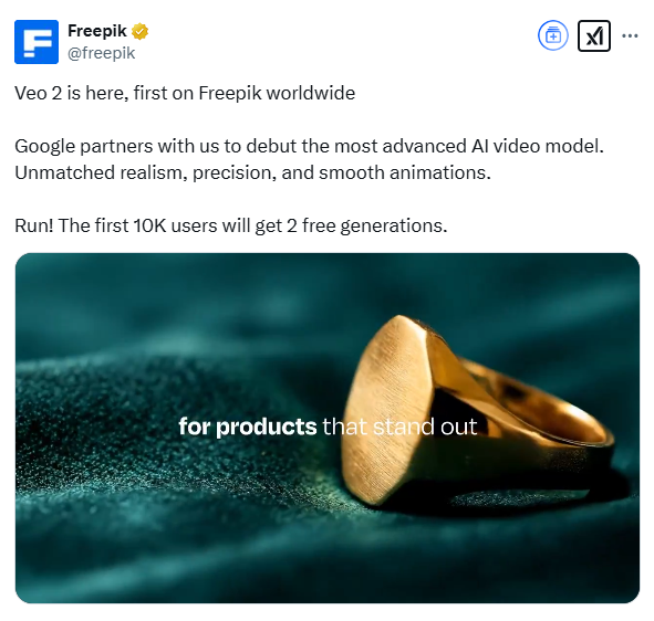 Google “核弹级”AI视频模型Veo 2在Freepik首发 前10000名用户可白嫖