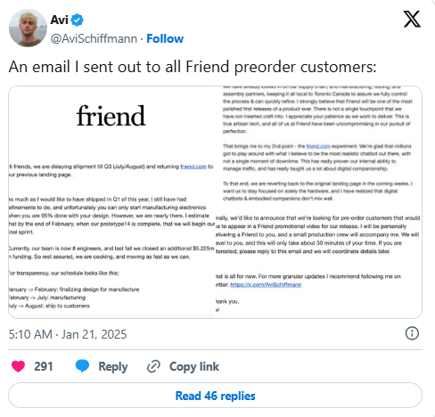初创公司 Friend 推迟AI伴侣项链发货，聚焦硬件开发