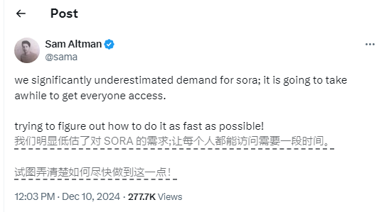 OpenAI CEO承认AI视频生产模型Sora需求远超预期