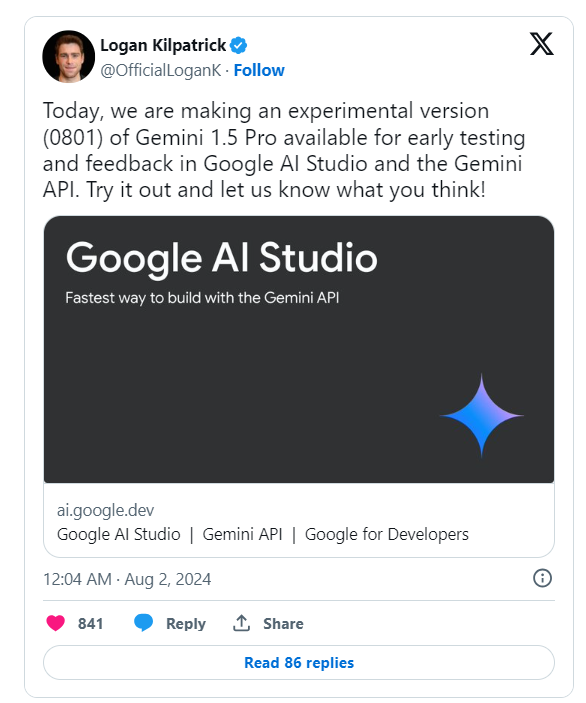 谷歌推超强多模态模型实验版Gemini 1.5 Pro，排名领先GPT-4o、 Claude-3.5 Sonnet