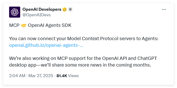​OpenAI宣布支持Anthropic的MCP标准 Agent SDK已添加MCP支持
