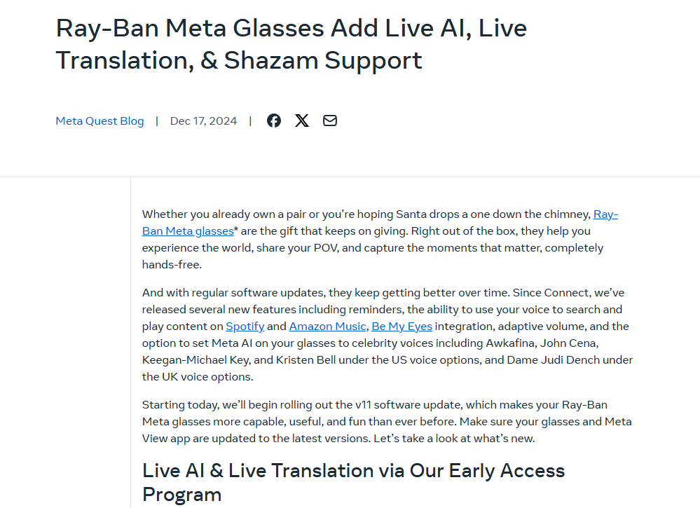 ​Meta智能眼镜Ray-Ban Meta升级：实时AI视频与翻译功能