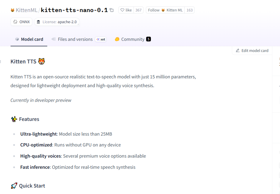 超小的TTS模型 Kitten TTS：参数量仅为 1500 万