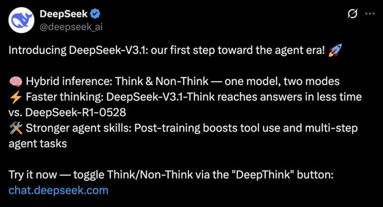 DeepSeek-V3.1震撼发布，全球开源编程登顶！R1/V3首度合体，训练量暴增10倍