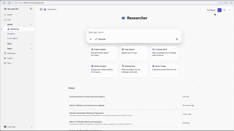 There’s a now “Try Claude” button in Researcher.